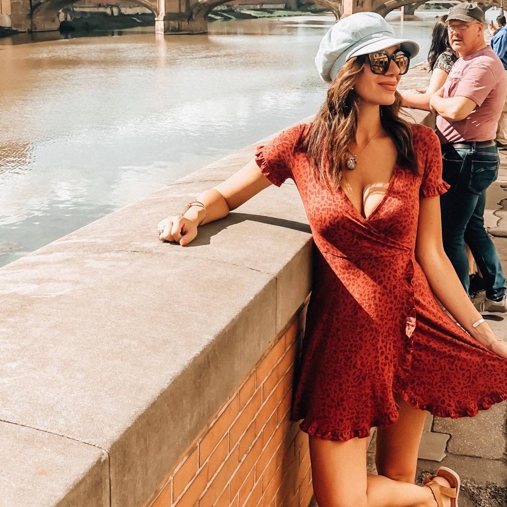 Cheetah leopard print wrap dress knee length wine